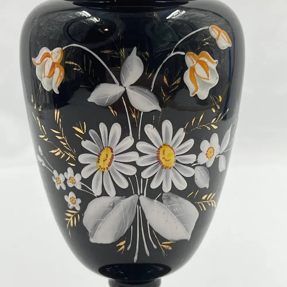 Vintage Black Glass Vase, Victorian era style handpainted floral decor - Picture 2 of 7